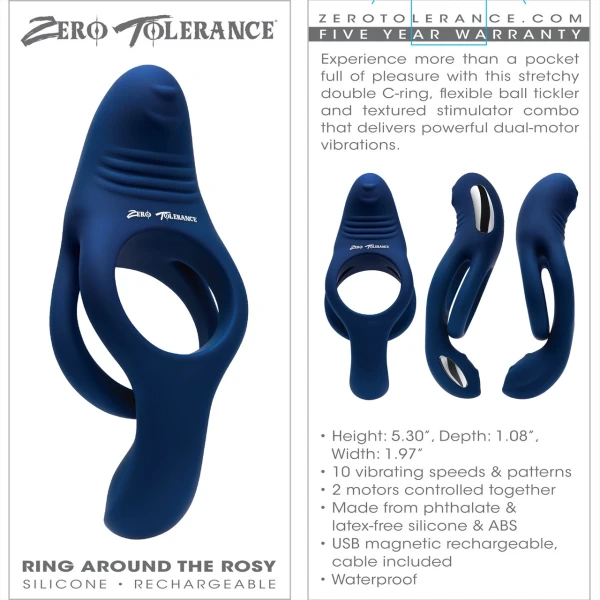 Zero Tolerance Ring Around The Rosy Silicone Vibrating Double Cock Ring & Ball Stimulator - Blue