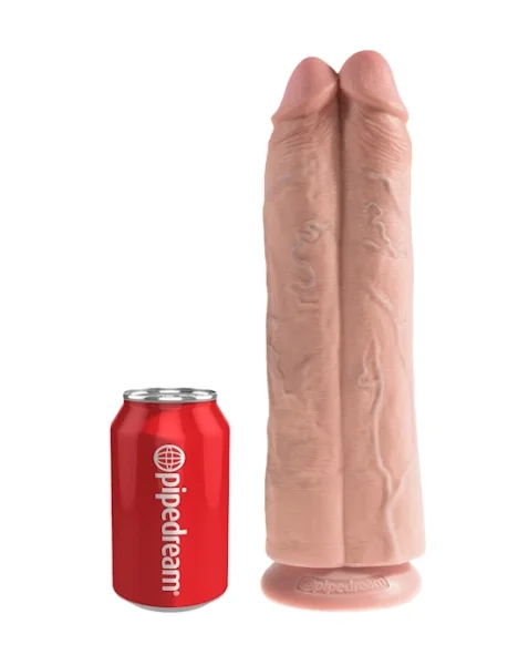 King Cock 11 Inch Two Cocks One Hole Strap-on Suspender System - Flesh - 11 Inch