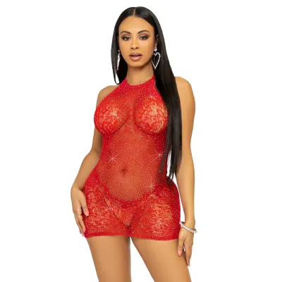 Rhinestone Lace and Net Mini Dress One Size Red