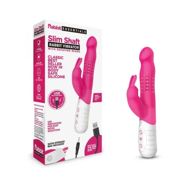 Rabbit Vibrators: Rabbit Essentials Slim Shaft Rabbit Vibrator Hot Pink