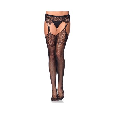 Lace Top Fishnet Stocking Cuban Heel Tear Drop Garterbelt O S Black