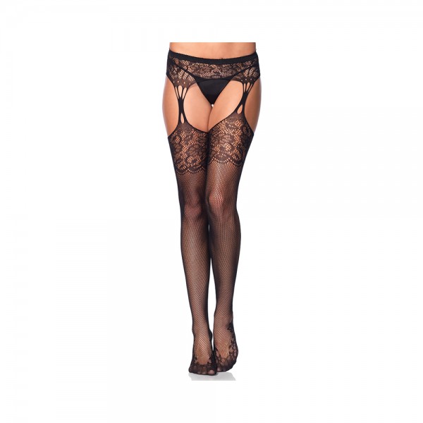 Lace Top Fishnet Stocking Cuban Heel & Tear Drop Garterbelt O/S Black