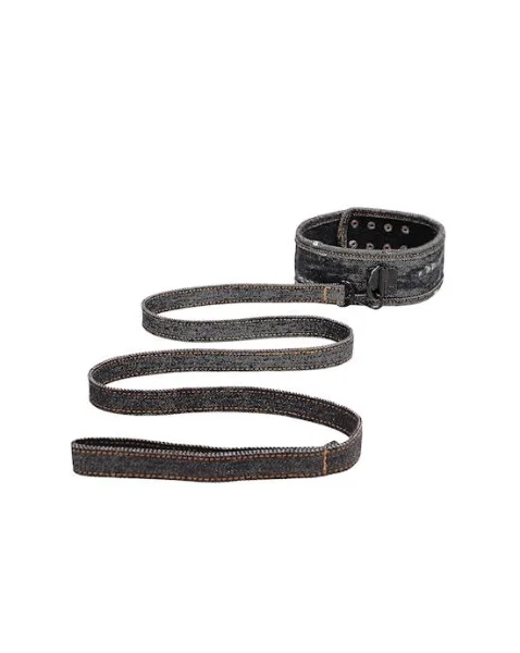 Denim Collar - With Leash - Roughened Denim Style  - Black - O/s