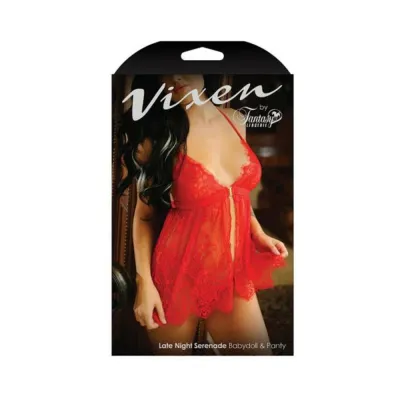 Vixen Late Night Serenade Front Clasp Lace Babydoll Crotchless G string Panty Red L xl