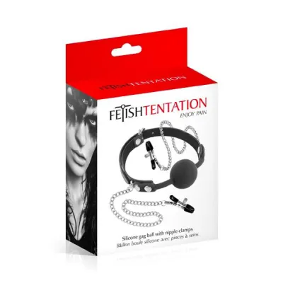 Fetish Tentation Silicone Ball Gag with Nipple Clamps