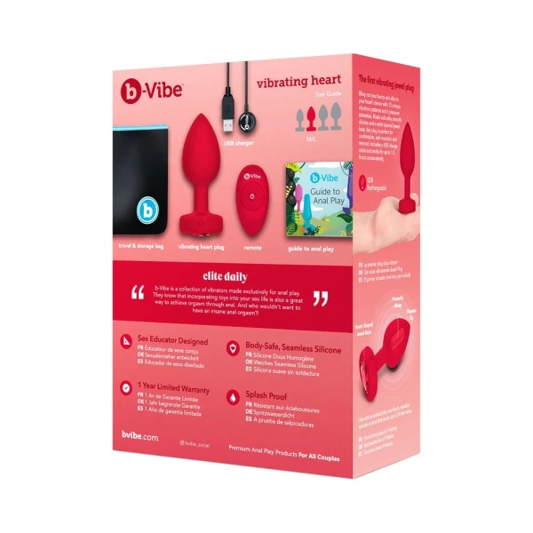 Butt Plugs:  B-vibe Vibrating Heart Rechargeable Remote-controlled Anal Plug With Heart-shaped Jewel Base M/l Red