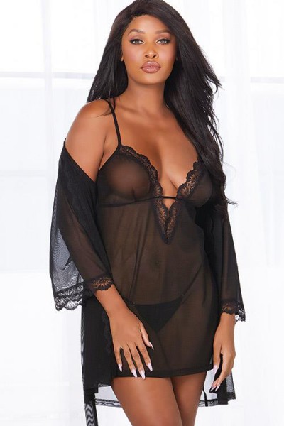 Dreamgirl Timeless Sheer Mesh Chemise with Robe & G-String