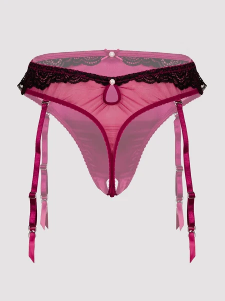 Lovehoney Plus Size Satin Romance Purple High-Waisted Crotchless Suspender Thong