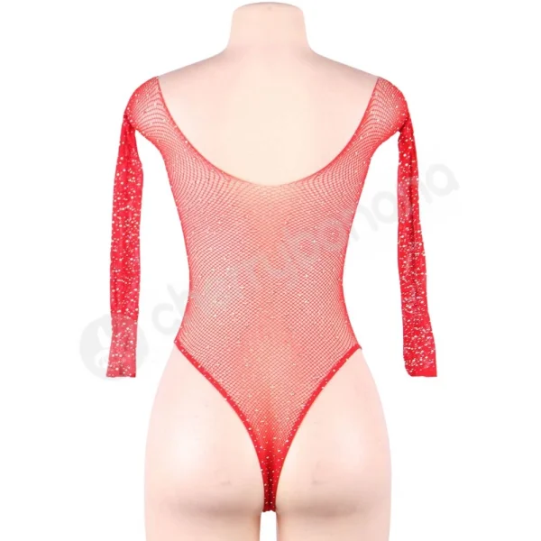 Cherry Banana Red & Rhinestone Fishnet Long Sleeve Bodysuit