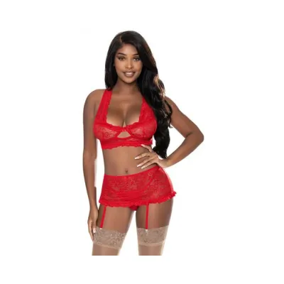 Magic Silk Ooh La Lace Bralette Garter Skirt G string Set Red S m