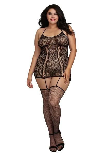 Plus Size Lace Garter Dress with Criss-Cross Details