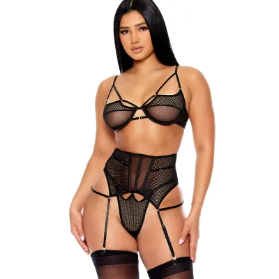 Forplay Caught Up 3 Piece Bra Set with Garter Belt Panty