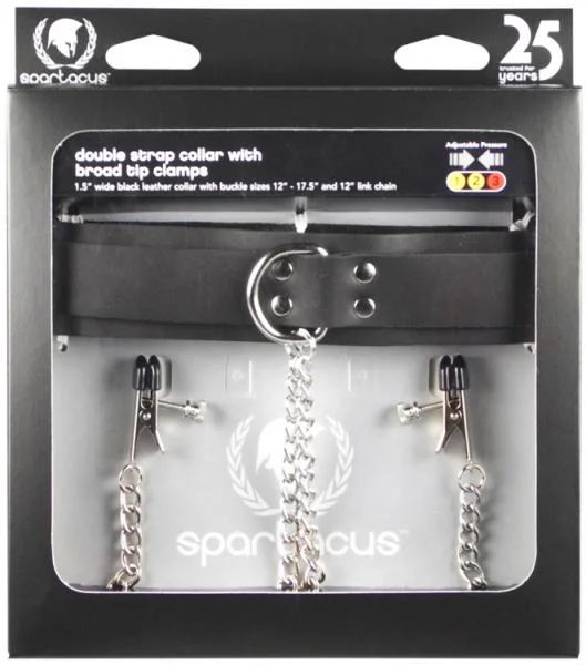 Black Leather Collar With Broad Tip Nipple Clamps