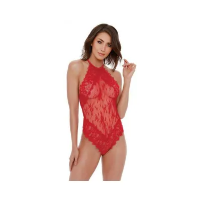 Dreamgirl Eyelash Lace Halter Teddy With High Tie neck Closure Snap Crotch Red Small Hanging