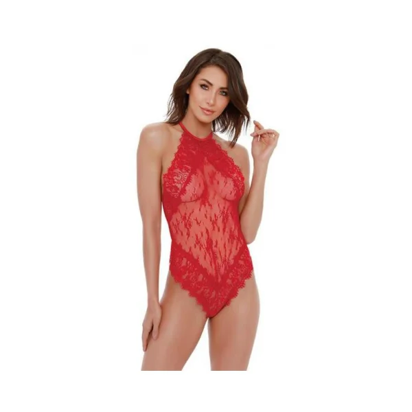 Dreamgirl Eyelash Lace Halter Teddy With High Tie-neck Closure & Snap Crotch Red Small Hanging