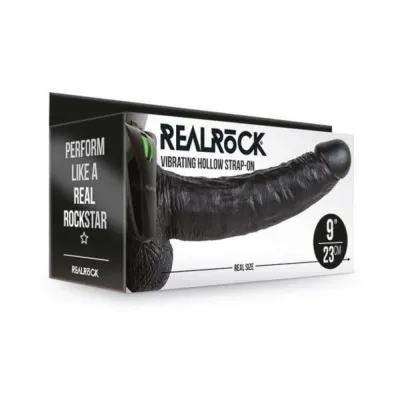 Realrock Vibrating Hollow Strap on With Balls 9 In Chocolate