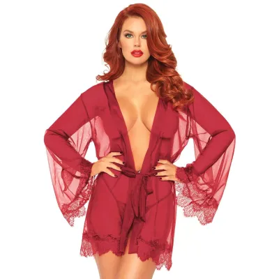 3 Pc Sheer Short Robe With Eyelash Lace Trim and Flared Sleeves Black M l