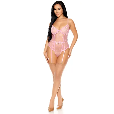 Forplay Heartbeat Harmony Embroidered Pink Teddy with Garters