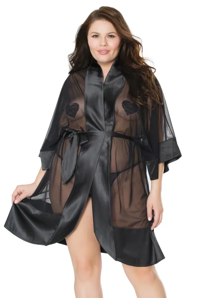 Plus Size Black Satin & Stretch Mesh Kimono