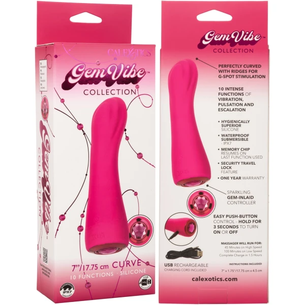 Gem Vibe Collection 7" Curve Rechargeable Waterproof Silicone G-Spot Vibrator By CalExotics - Pink