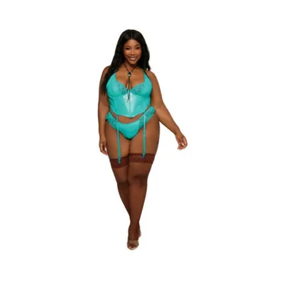Women s Lingerie Dreamgirl Stretch Vinyl And Lace Bustier And G string Set Ocean 1xl