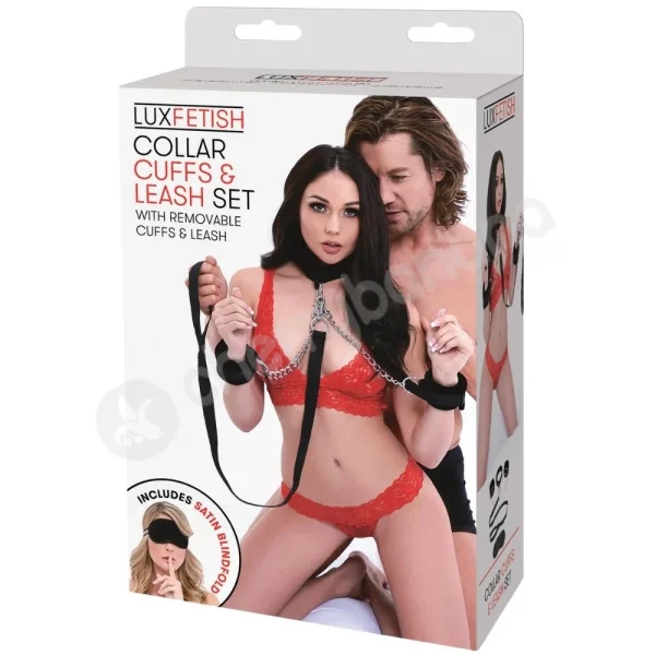 Lux Fetish Collar & Leash With Wrist Cuffs & Bonus Blindfold
