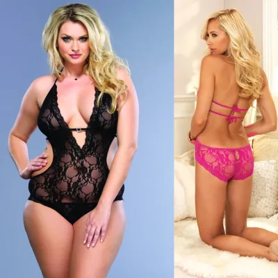 Stretch Lace Deep V Halter Teddy Plus Fu