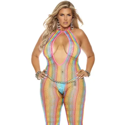 Plus Size Rainbow Open Crotch Bodystocking