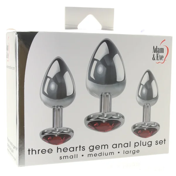 Adam & Eve Three Hearts Gem Anal Plug Set - Silver/Red