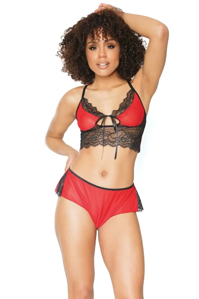 Red Mesh & Black Lace Bralette & Wide Leg Booty Shorts — image 8 of 14