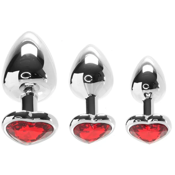 Adam & Eve Three Hearts Gem Anal Plug Set - Silver/Red