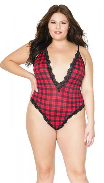 Deep V Neck Plaid Teddy With Scallop Lace Trim