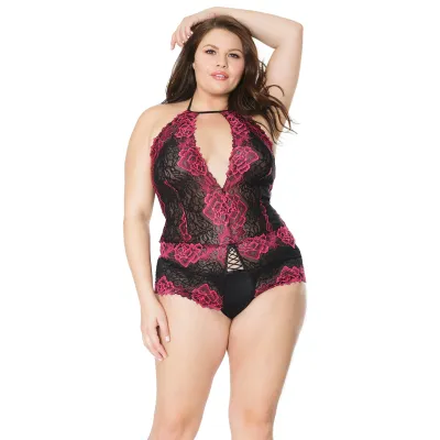 Plus Size Magenta Black Floral Lace Open Crotch Teddy