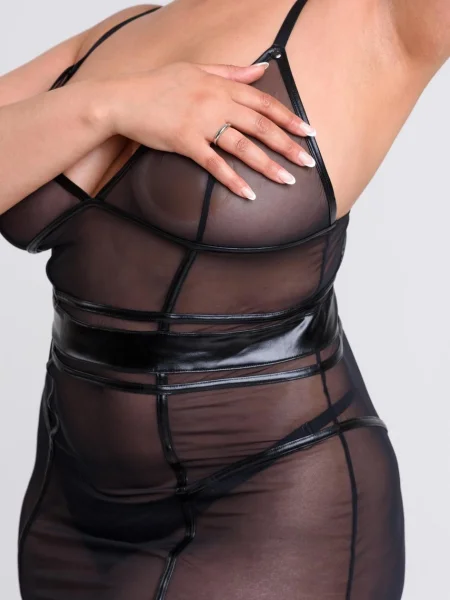 Lovehoney Plus Size Fierce Wet Look and Mesh Panelled Black Mini Dress Set