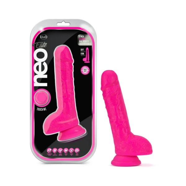 Neo Elite - 9-inch Silicone Dual-density Cock With Balls - Neon Pink