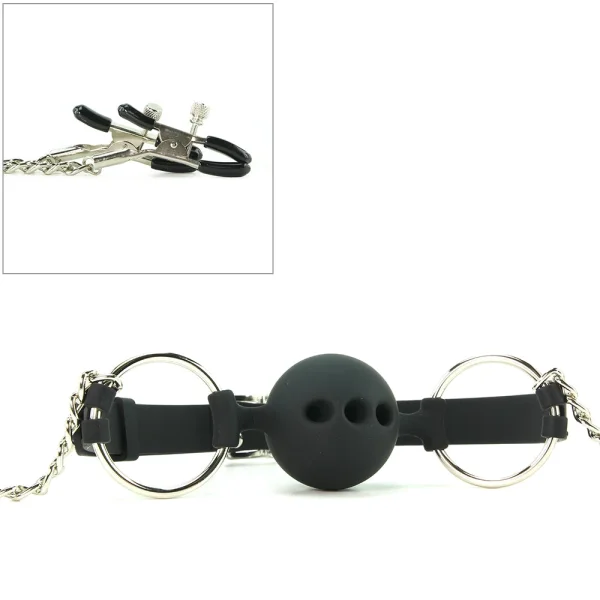 Hinder Breathable Ball Gag + Nipple Clamps