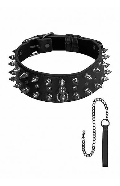 Ouch! Skulls & Bones Biker Spike Collar with Leash Black