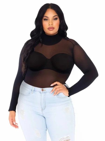 Opaque High Neck Long Sleeve Bodysuit With Snap  Crotch - 1x-2x - Black
