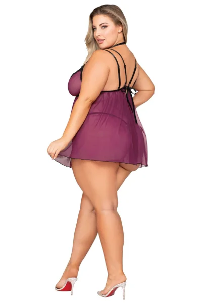 Babydoll and Open Crotch G-String - Queen Size -  Mulberry