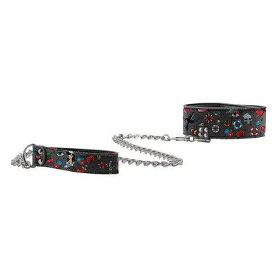 Ouch Tattoo Style Printed Leather Collar with Leash