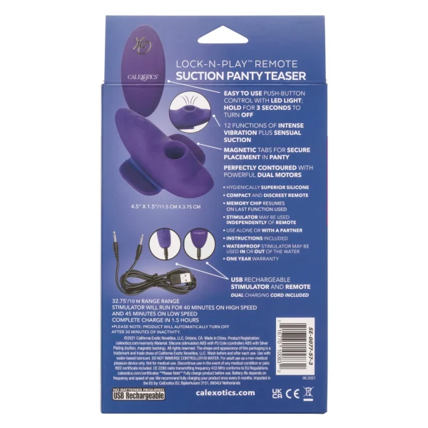 Lock-N-Play Remote Suction Rechargeable Silicone Panty Teaser With Remote By CalExotics - Purple