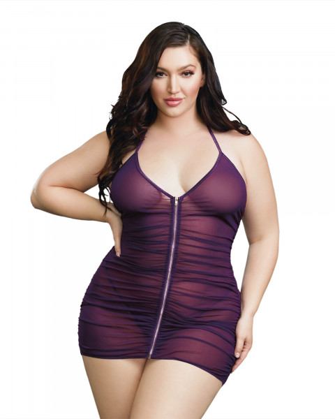 Dreamgirl One Size Plum Stretch Mesh Chemise with Shirring Details
