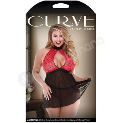 Curve Black Red Halter Keyhole Front Babydoll Matching Panty 3X 4X