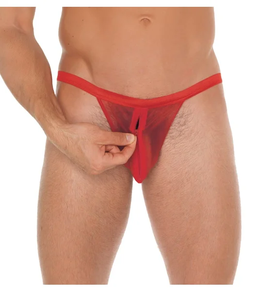 Mens Red Mesh GString With Zipper