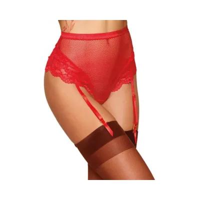 Women s Lingerie Dreamgirl High waisted Fishnet And Lace Garter Thong With Satin Ribbon Back Tie Ruby L