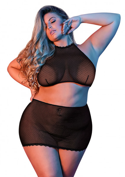 Polka Dot Mesh Halter & Skirt Set - Black - Queen Size - Hot Steamy Lingerie