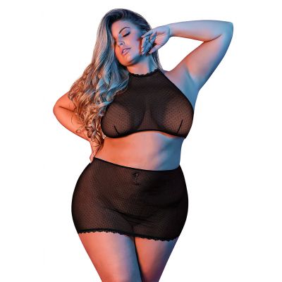 Polka Dot Mesh Halter Skirt Set Black Queen Size Hot Steamy Lingerie