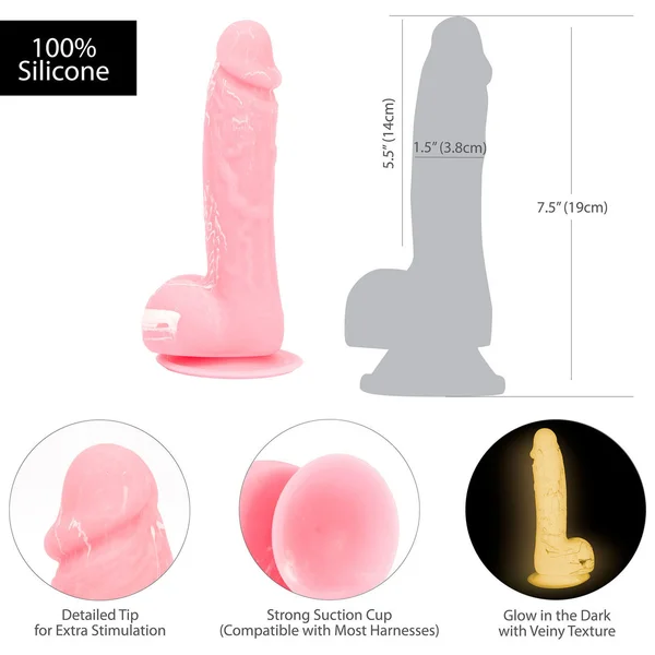 Addiction - Brandon 7.5" Glow In The Dark Silicone Suction Cup Dildo With Balls - Pink — image 12 of 12