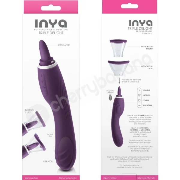 Inya Triple Delight Purple 3 In 1 Vibrator With Tongue Stimulator & Suction Cups