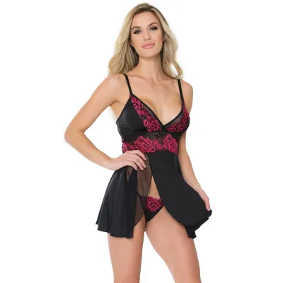 Floral Embroidered Black Stretch Babydoll